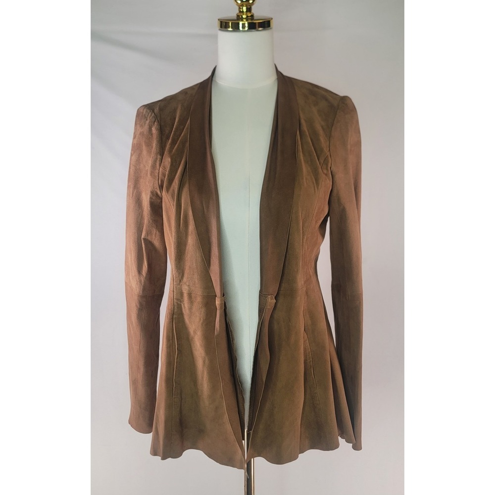 Eileen Fisher Brown Goat Suede Open Front Longline Jacket Blazer XS Leather